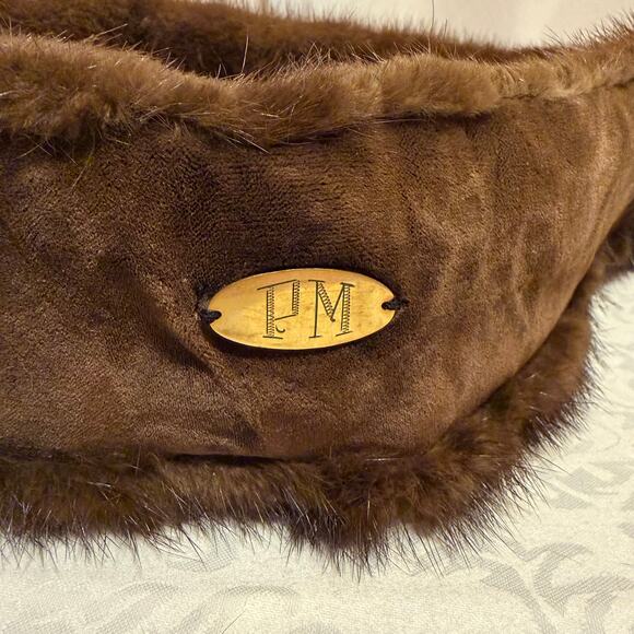 VTG 1940s Real Mink Fur Stole Scarf Wrap Brown Satin Lined PM Monogram 40x4 - Picture 5 of 7